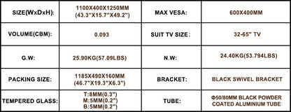 Black Multi-function TV Stand Height Adjustable Bracket Swivel 3-Tier